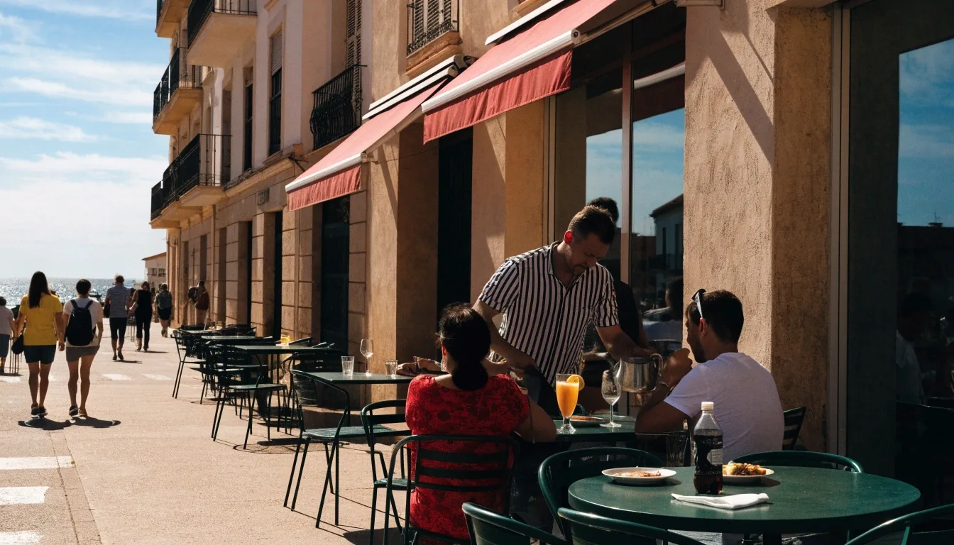 Calle de una ciudad costera de la Comunidad Valenciana un día festivo de octubre, con mesas de bar en la acera y peatones al fondo