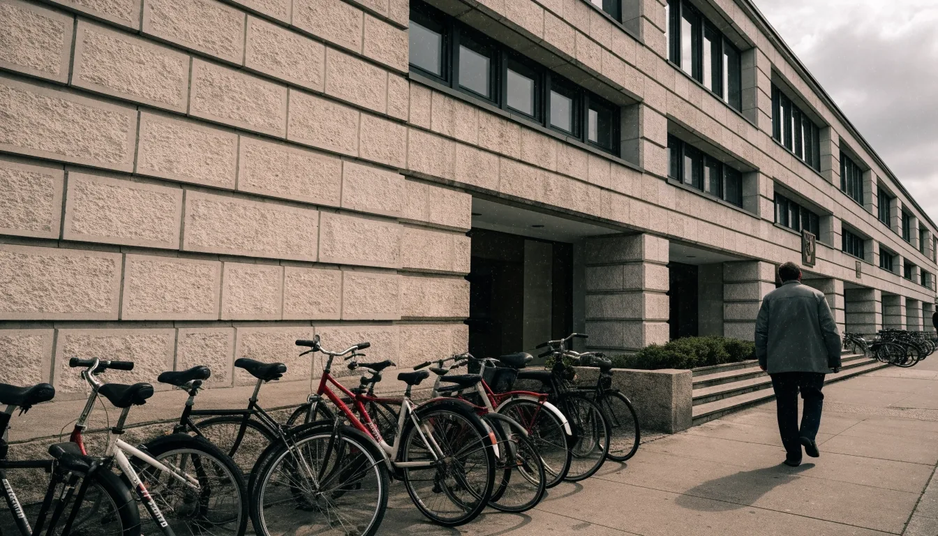 Fachada de un edificio público autonómico en una mañana laborable, con bicicletas aparcadas en la acera