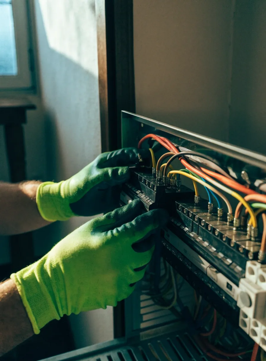 Cuadro eléctrico doméstico de una vivienda con el cableado ordenado y la luz de la mañana entrando de lado