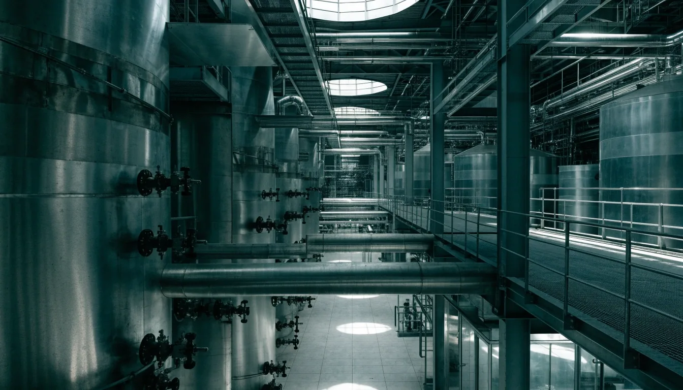 Interior amplio de una planta industrial intensiva en energía, con los hornos apagados y la luz fría entrando por los ventanales