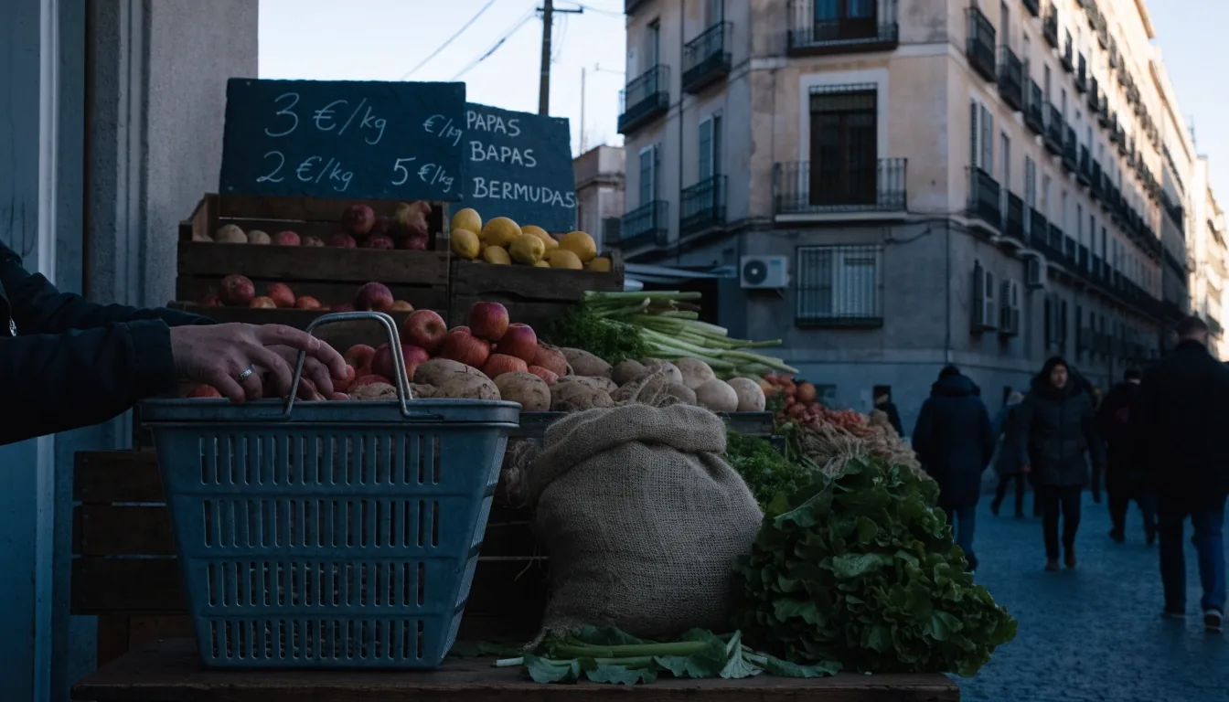 Calle de Madrid bajo la lluvia fina al amanecer, con un peatón de espaldas y un escaparate cerrado