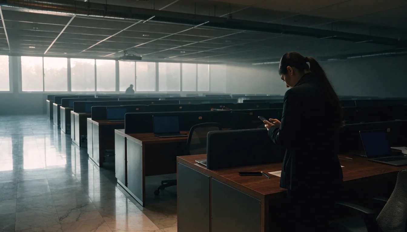 Sala de prensa del Ministerio de Economía a primera hora, con mesas vacías y luz fría de amanecer
