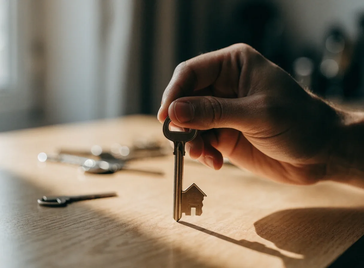 Una mano sostiene una llave de vivienda sobre una mesa de madera